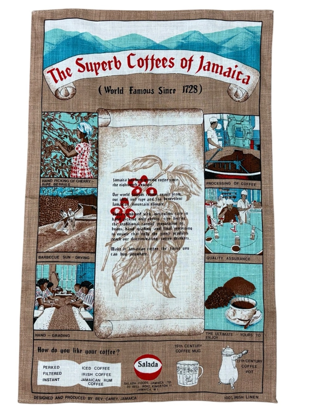 Vintage Jamaica Coffee Tea Towel Salada Linen Kitchen Decor